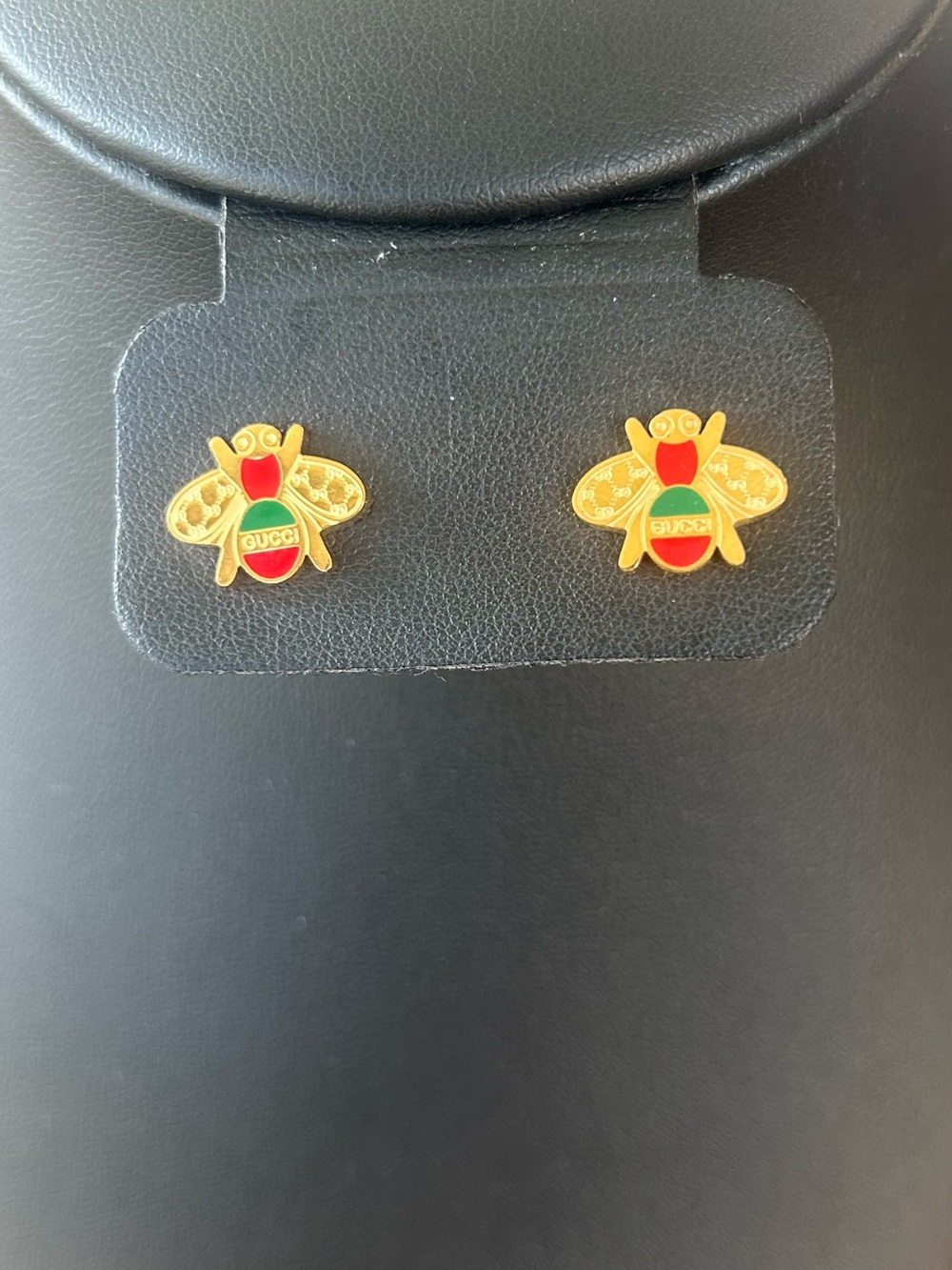 Gold Tone Gold Bee Stud Earrings - Red & Green Enamel